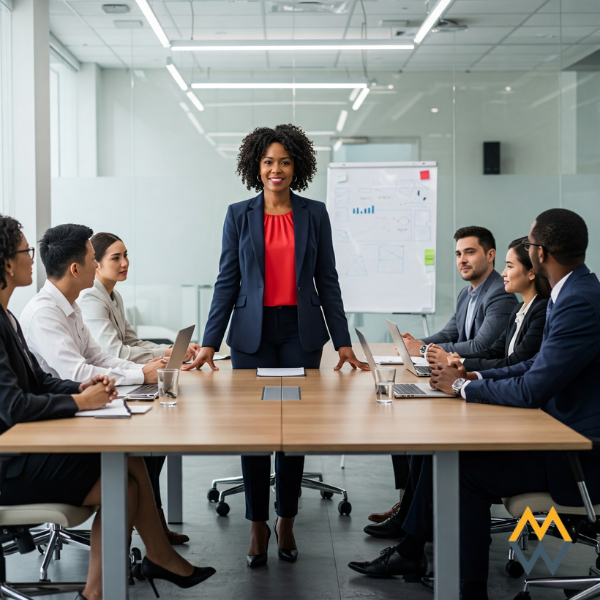 Manager leading a team meeting with engaged employees