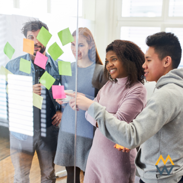 Sales and marketing team planning a customer engagement campaign using sticky notes.